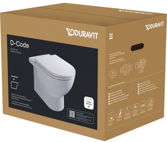 Duravit D-Code Stand-Tiefspül-WC-Set 40370900A1 mit WC-Sitz, Absenkautomatik, Rimless, weiß