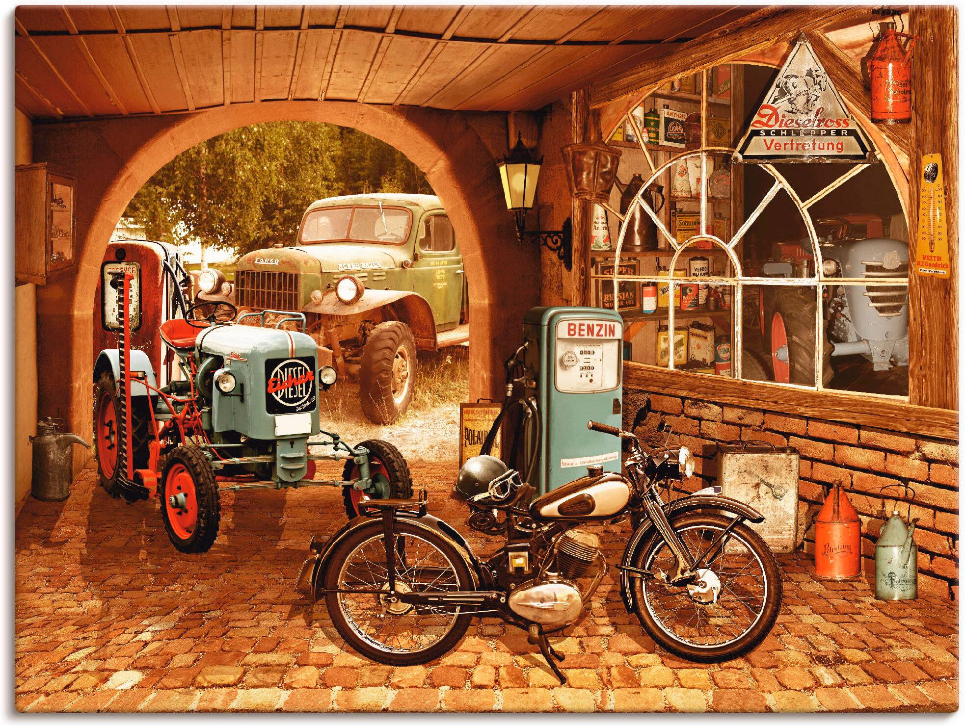 Leinwandbild ARTLAND "Werkstatt mit Traktor und Motorrad", braun (farbe bild(er): braun), B:60cm H:45cm, Bilder, Leinwandbild, auf Holzrahmen gespannt farbe bild(er): braun B/H/T: 60cm x 45cm, Leinwandbild Traktoren, 1 Stk.
