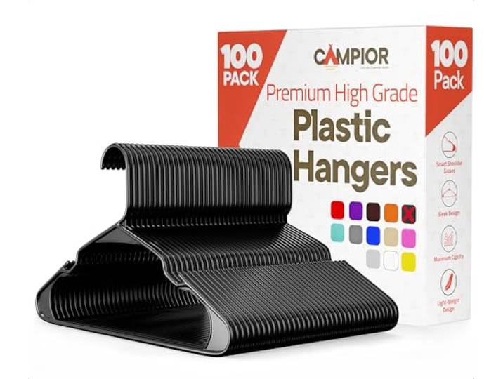 Campior Schwarze Kunststoff-Kleiderbügel, robust, schlank, platzsparend, rutschfest, langlebig, PP-Kleiderbügel für Kleidung, Anzüge, Jacken und Camisole