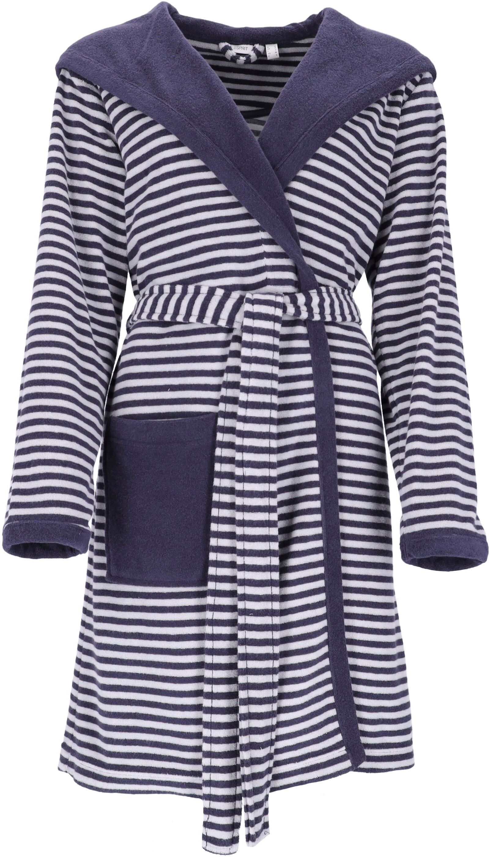 Damenbademantel ESPRIT "Striped Hoody" Gr. XS, blau (navy blau), L:97cm, Jersey, Hausmäntel, Damenbademantel, gestreift, mit Kaputze & Logostickerei, kurz navy blau XS L: 97cm