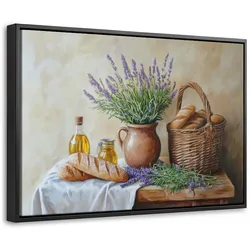 LEINWAND Bilder mit Rahmen - Lavendel - Brot - Stilleben - 60x40
