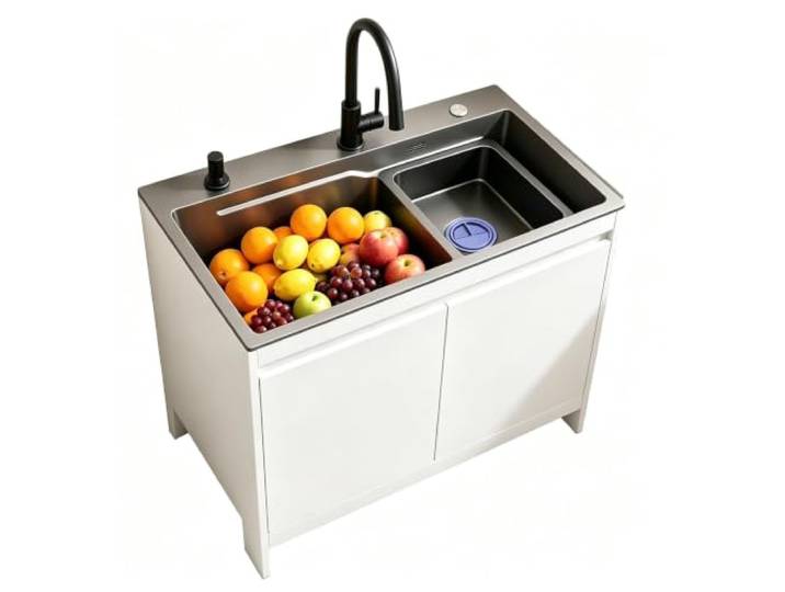 Freistehende Edelstahl-Spüle mit Unterschrank, 68/80cm Unterschrank Küche Mit Spüle Mit Unterschrank Für Warm- & Kaltwasser, Robustes Waschbecken(White,L68cmxW45cmxH85cm)