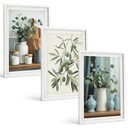 BILDER SET 3er Set - 40x60 cm Weißer Rahmen - Grüne Oliven, Eukalyptus
