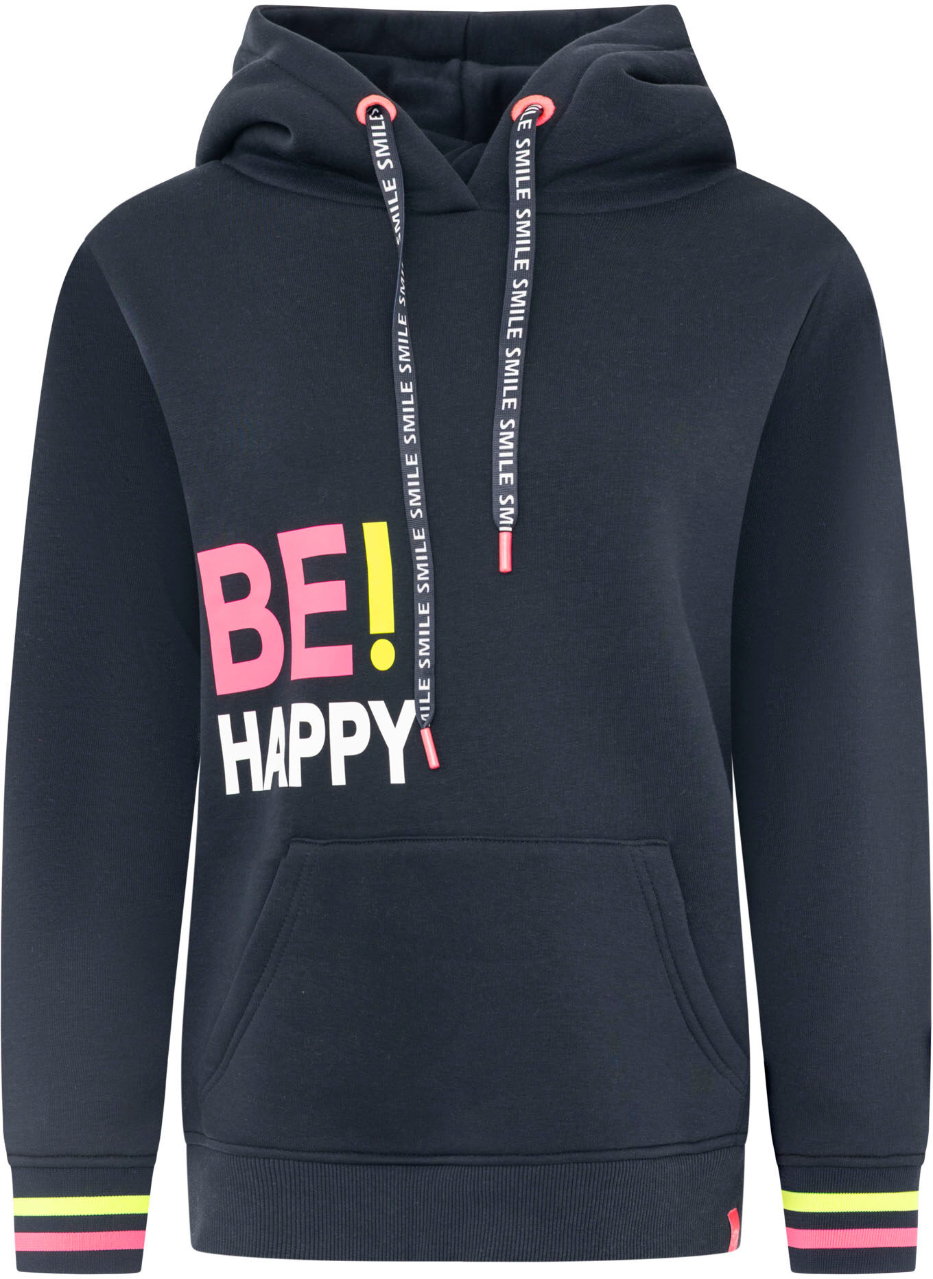 Hoodie ZWILLINGSHERZ "Be Happy", Damen, Gr. S/M, schwarz (marine), Sweatware, Obermaterial: 50% Baumwolle, 50% Polyester, Sweatshirts Hoodie, gestreifte Bündchen, Aufdruck auf Brust, Kapuze, Kängurutasche marine S/M