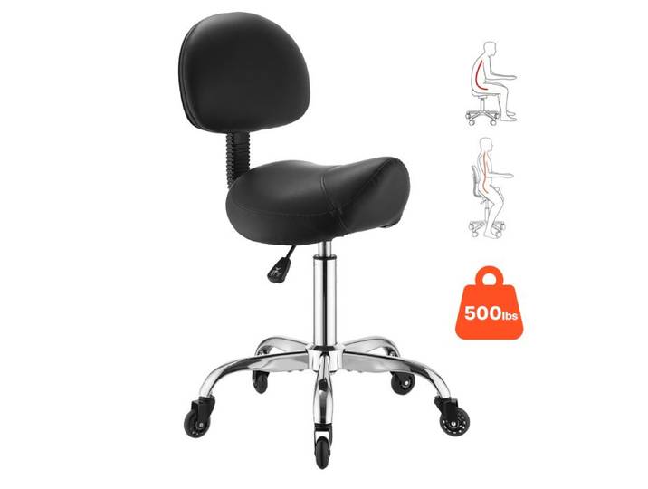 Tabouret Selle de Cheval avec Dossier-VEVOR-Tabouret Ergonomique à Roulettes Silencieuses Pivotant à 360° Hauteur Réglable Noir