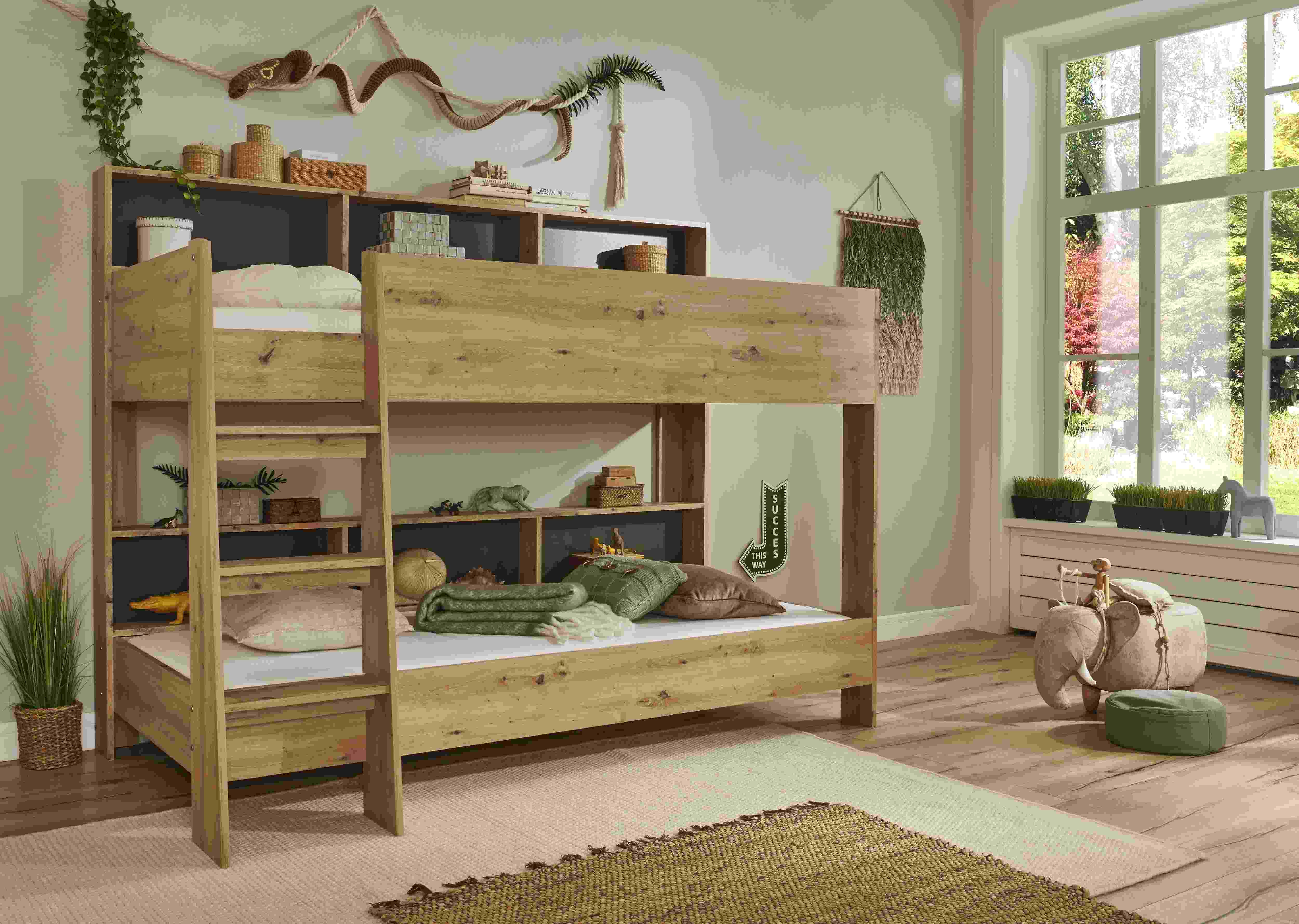 Relita Etagenbett SWAY mit 2 x Liegeflächen 90x200 cm, inkl. Bodenplatte und Regalen, Ausf. Eiche Artisan Nachbildung