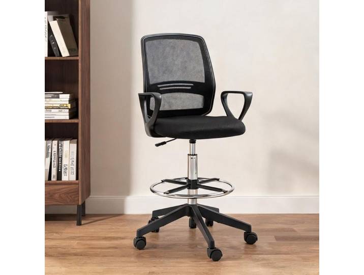 Siège de travail assis-debout réglable en hauteur avec repose-pieds métal et plastique noir