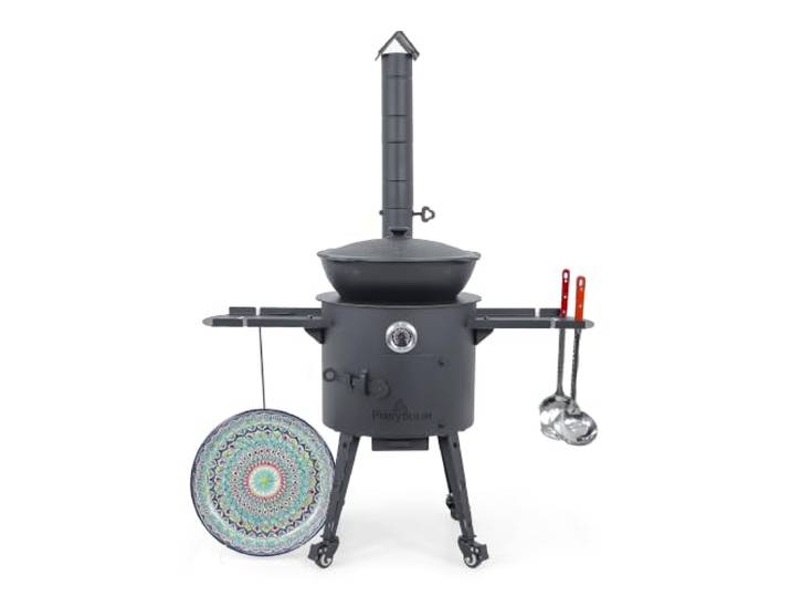 ZARENHOF Utschak Feuerofen Ø 40 cm mit Gusseisen-Kasan 12 L, rund Gulaschkessel mit Kasanofen, Servierplatte keramik, Schaumkelle + Schaumlöffel, Herdplatte, Rollen