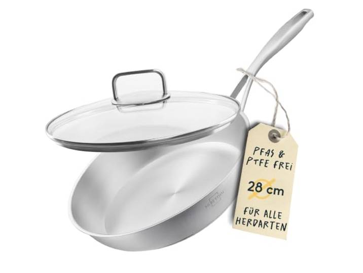 SILBERTHAL Edelstahlpfanne 28 cm Unbeschichtet mit Glasdeckel, Induktion Sichtbares Garen, die Feuchtigkeit bleibt im Gericht. Ofenfest bis 400 Grad, auch Gas und Ceran