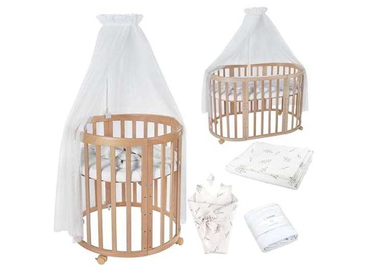 waldin Babybett Oval 7in1, Matratze, Rollen, Regal, Natur Weiß Zweige, Mitwachsend, Beistellbett aus Holz, Wiege optional