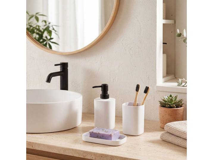 MSV Badkamer Accessoireset – Badkamer Set met Zeepdispenser\, Beker en Zeepschaal – Stijlvolle Badkamer Accessoires Set