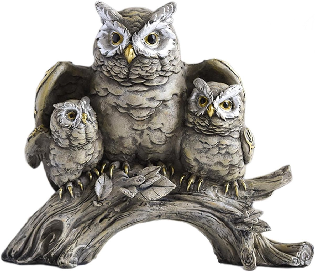 Handgesneden Resin Uil Beeldje Decoratie - Grijs - Hoogte: 15 cm