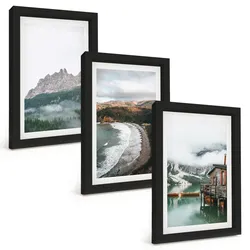 BILDER SET 3er Set - 20x30 cm Schwarzer Rahmen - Holzhaus an Bergstränden