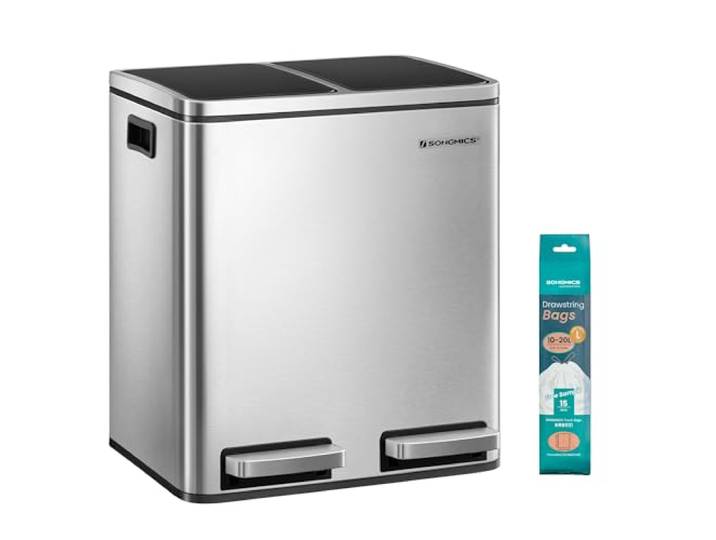 SONGMICS Poubelle Cuisine\, avec Pédale\, 2 Compartiments\, 2 x 15 L Poubelle Tri\, Seaux Intérieurs\, Couvercles en Douceur\, en Acier\, Argent et Noir D'Encre\, Collection PARY LTB30H