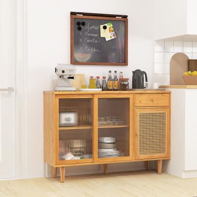 Lirago Modern Bamboo Buffet Sideboard Cabinet with Tempered Glass Sliding Doors