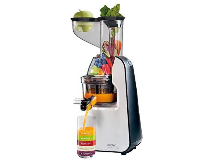 Imetec Succovivo Pro 2000 Professioneller Kalt Entsafter mit langsamer Presse, 48 U/min, 2 Filter für Saft, Zubehör für Granite und Sorbetti, Set für Schönheitsmasken mit zwei Rezeptheften, Schwarz
