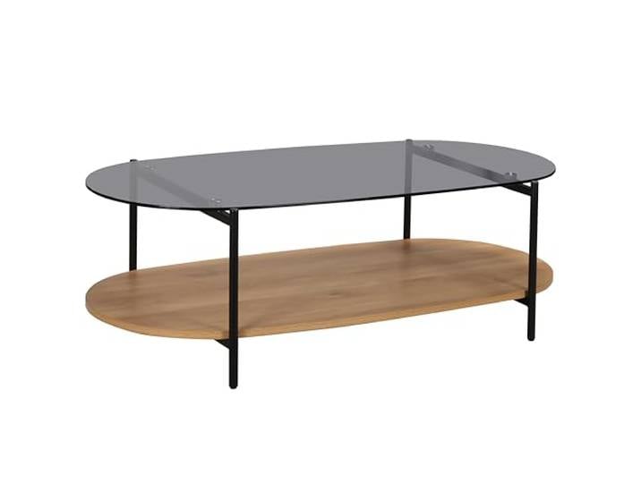 Moderner Couchtisch, oval, L, 120 cm, aus Glas, helles Holz