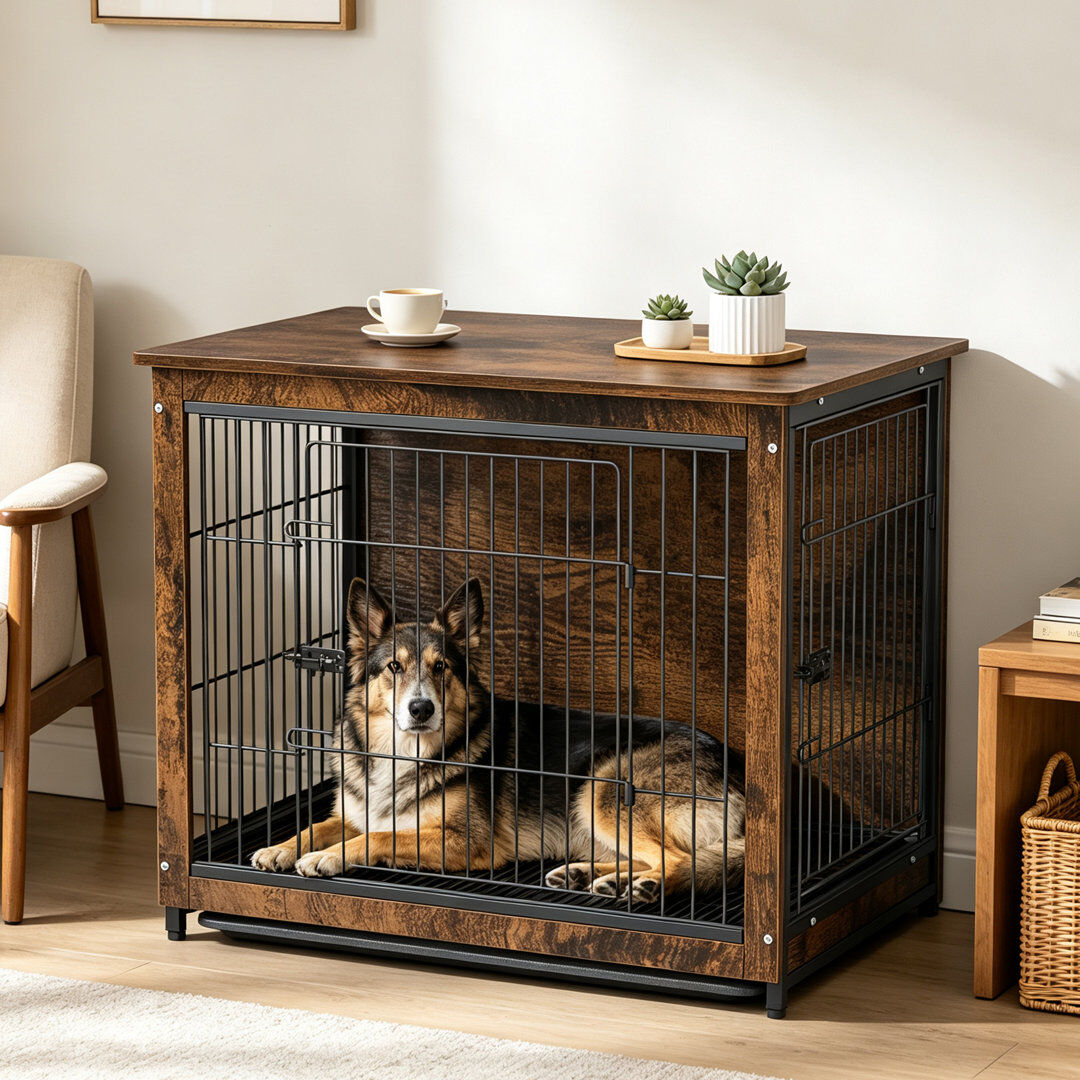 Archie & Oscar Landis Furniture Style Pet Crate with 2 Doors Brown 71cm H X 80.7cm W X 56.8cm D