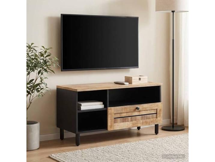 WXGTBKPR Stauraumschrank aus Massivholz Mango, 1 Schublade, 80 x 33.5 x 46 Elegantes Design, Mit Messingknöpfen, Vielseitige Medienaufbewahrung