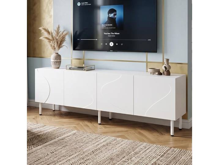 Meuble TV Lowboard 170cm - Table TV Moderne Salon - 4 Portes Push-to-Open - Lignes Ondulées 3D - Structure MDF PB Blanc Pieds Métal