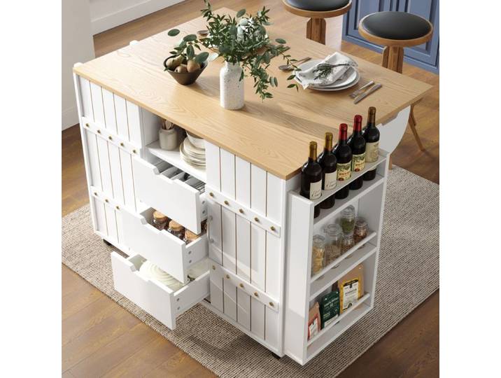 MODENUIT Desserte de cuisine 110x42x90 cm avec îlot plateau rabattable 3 tiroirs portes coulissantes roulettes MDF blanc