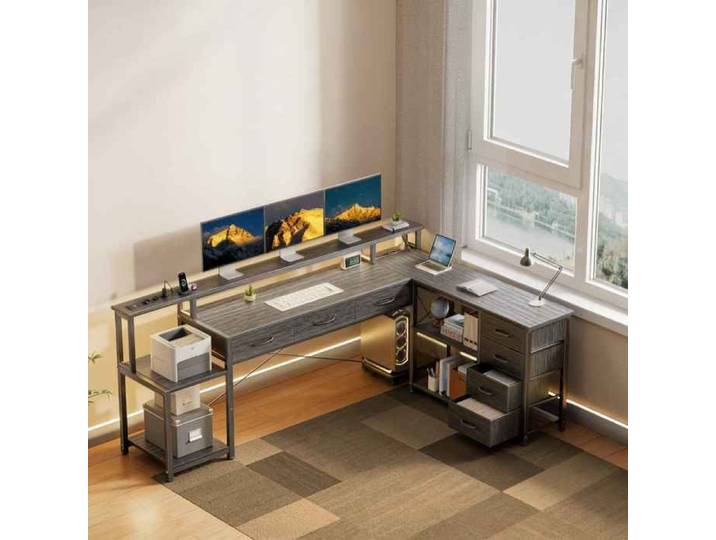 Bureau en L rabattable éclairage RGB 7 tiroirs prises d'alimentation intégrées conception ergonomique style tendance gris