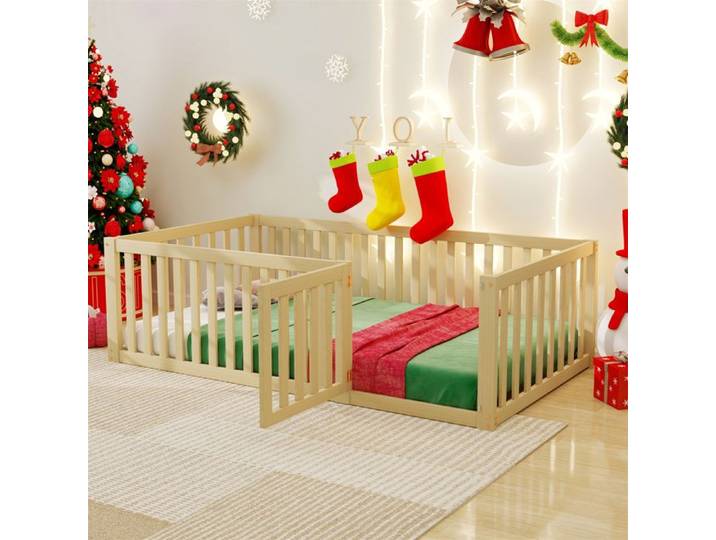 Lit Au Sol Enfant avec Clôture et Porte - Lit Enfant 90x200cm Bois Naturel - Lit Montessori Fille Garcon - pour Décoration de Noël