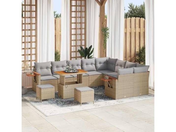 Poly Rattan Gartenlounge UV beständig Beige 12 tlg 90x55x71 cm Outdoor Sofa Set 12 Pieces Beige Poly Rattan Modular Garden Lounge Furniture with Cushions and Coffee Table for Patio Terrace