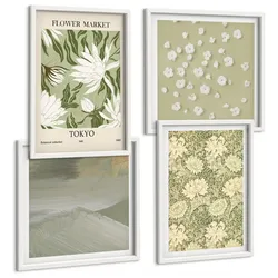 BILDER SET 4er Set - 50x50 cm & 40x60 cm Weißer Rahmen - Florale Abstraktionen im Boho-Stil