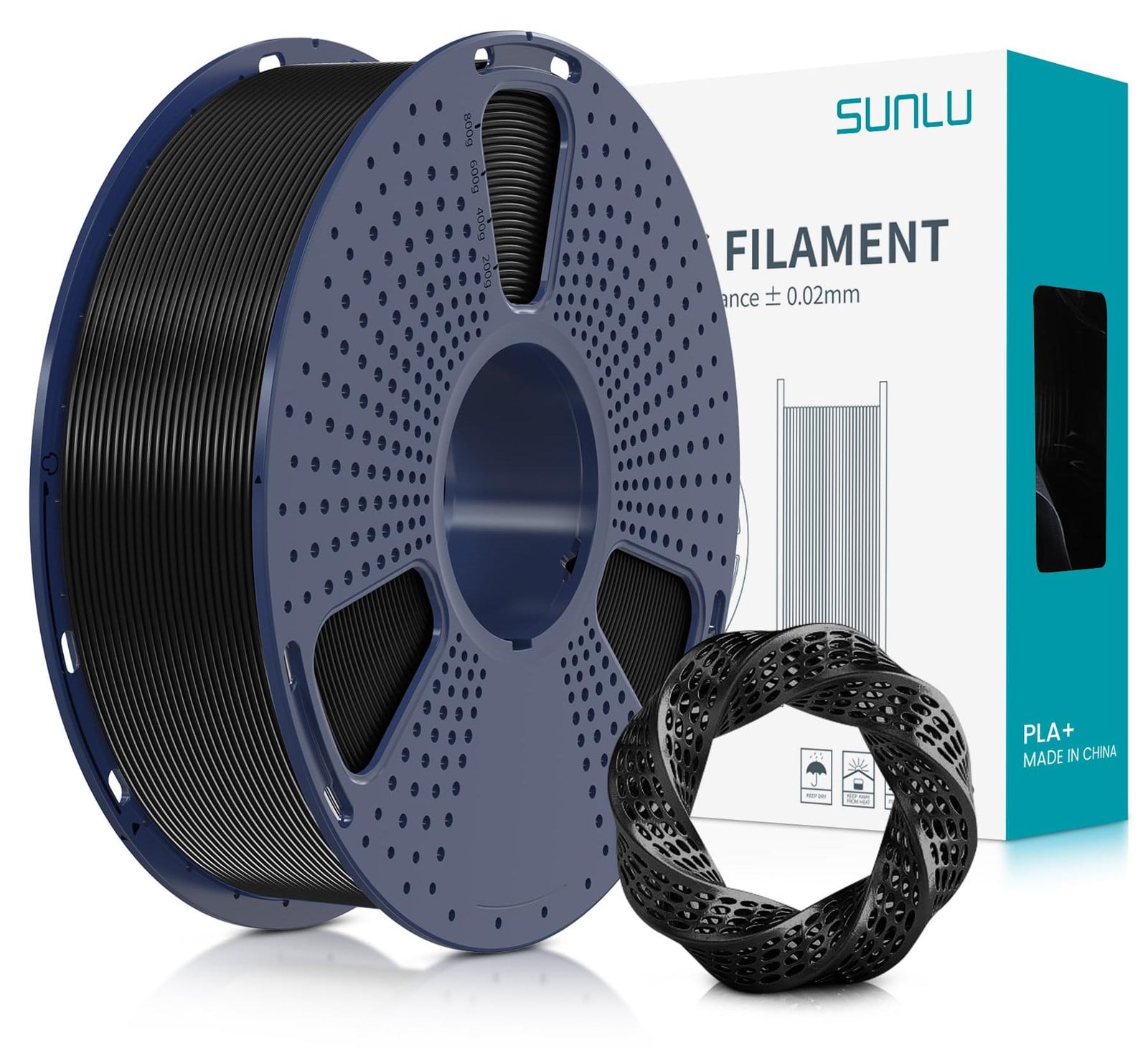 Sunlu PLA+ Filament, 1,75 mm, zwart, 1 kg spoel