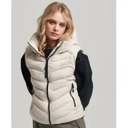 Superdry für Damen. W5011560A Steppweste aus Mikrofaser mit beiger Kapuze (S), Lässig, Recyceltes Polyester, Nachhaltig