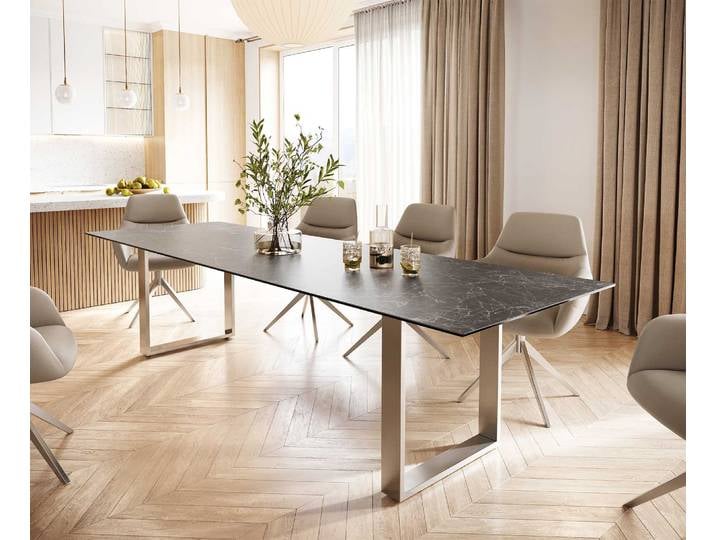 Table à manger Edge 300x100 céramique Laminam® nero greco gris inox étroit