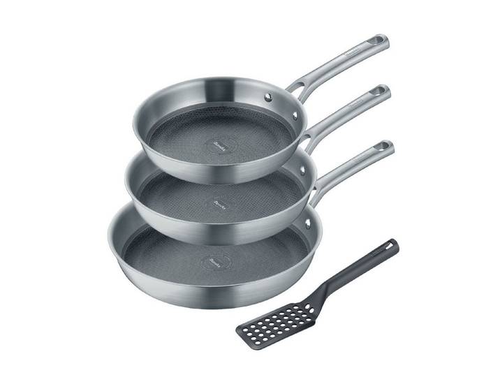 Berndes Pfannen-Set 20+24+28 cm, Edelstahl, poliert, inkl. Pfannenwender - Tricion Resist, 3-Schicht-Material (4-teilig)