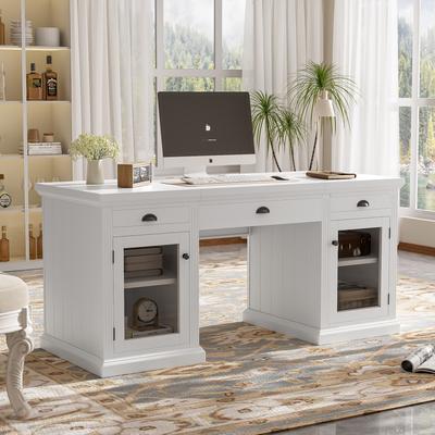 "67"" Modern Executive Desk,Computer Desk with 2 Glass Doors Storage Cabinet and 3 Drawers, Rectangle Home Office Desk"