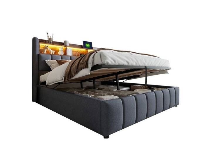 ULEVR Lit capitonné 180x200 cm gris avec LED USB Type-C rangements et coffre hydraulique