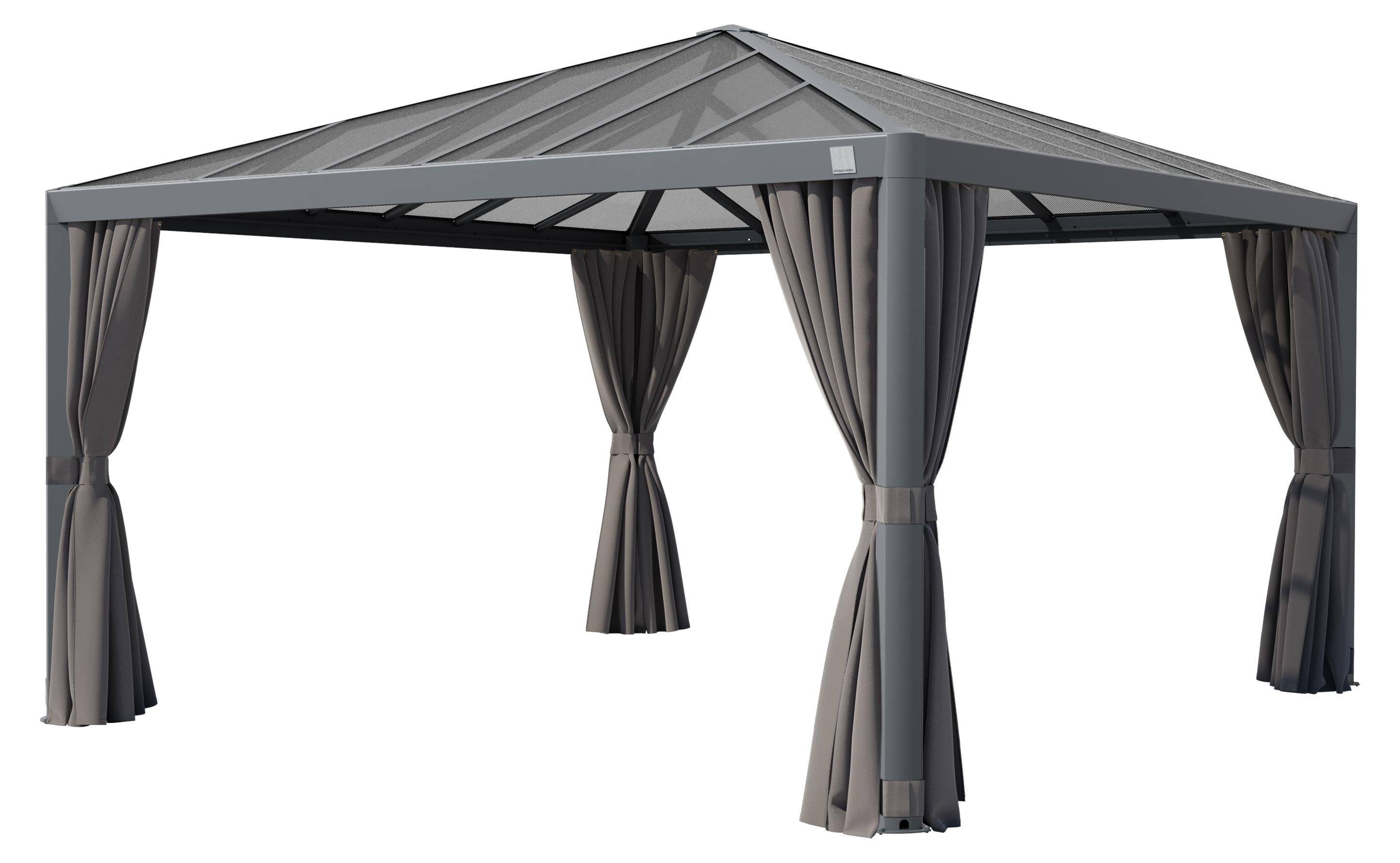 PRIMEYARD Gartenpavillon 4x4 m Alu-Rahmen und Polycarbonat-Dach mit Seitenteilen in Grau