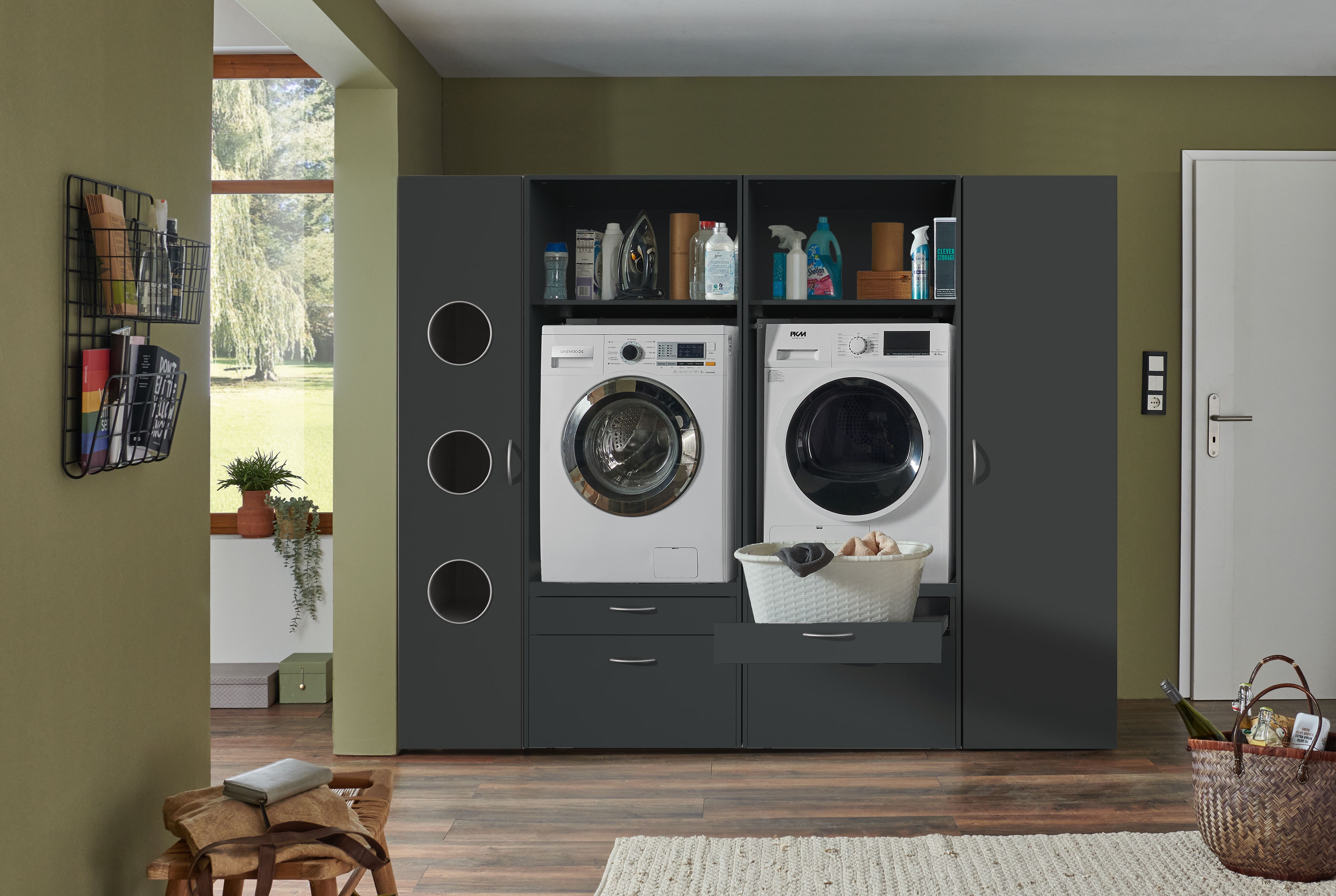Mehrzweckschrank WIMEX "Multiraumkonzept, praktische Waschmaschinenlösung, Breite: 230cm", grafit, B:230cm H:185cm T:69cm, Schränke, Mehrzweckschrank, erhältlich in den Farben grafit oder weiss grafit Grafit, B/H/T: 230cm x 185cm x 69cm