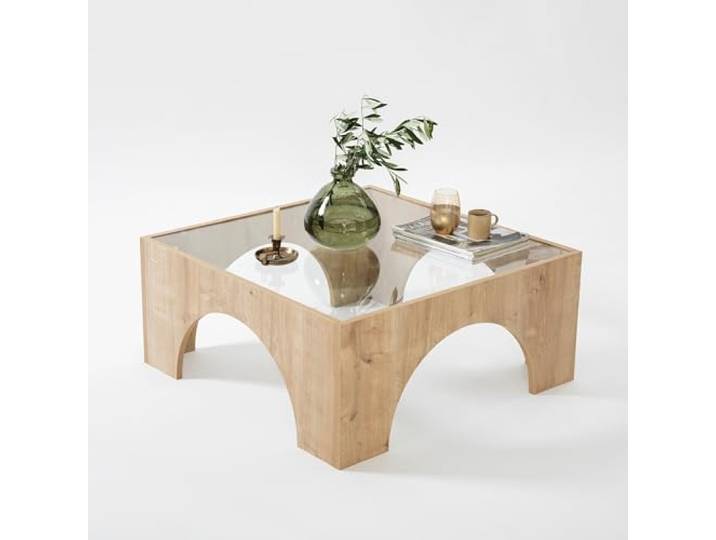 Hanah Home Moderner Couchtisch, 80 cm x 80 cm x 35 cm, Eiche & Transparent 100% gehärtetes Glas & melaminbeschichtete Spanplatte Stilvolles & funktionales Design