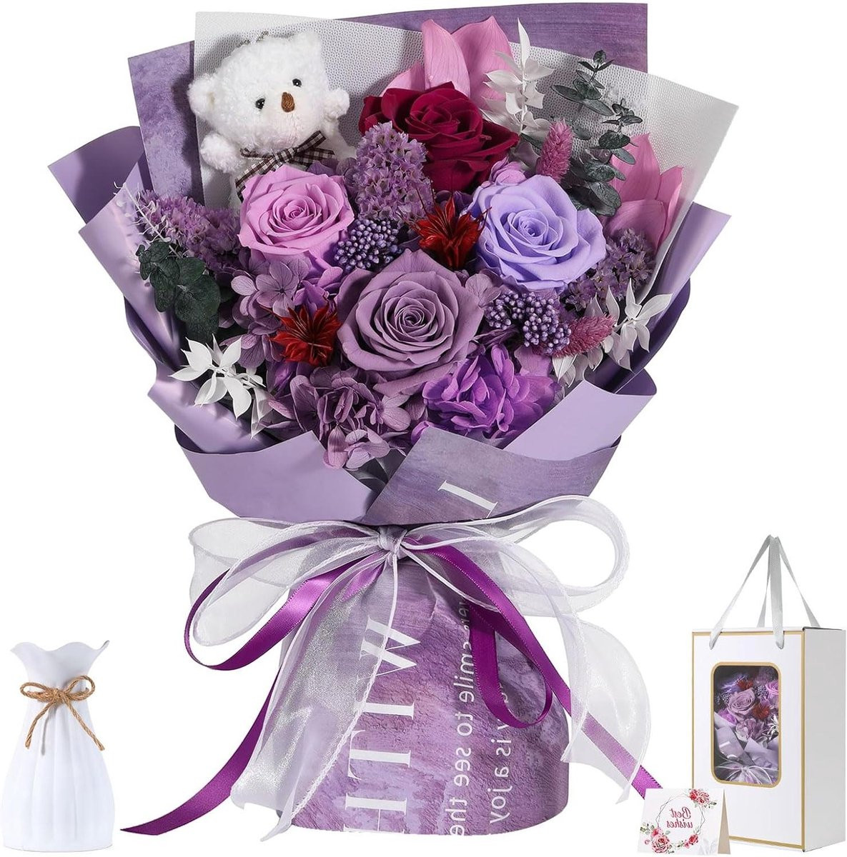 Handgemaakt boeket van paarse geconserveerde eeuwige rozen voor decoratie en als cadeau, 39 cm