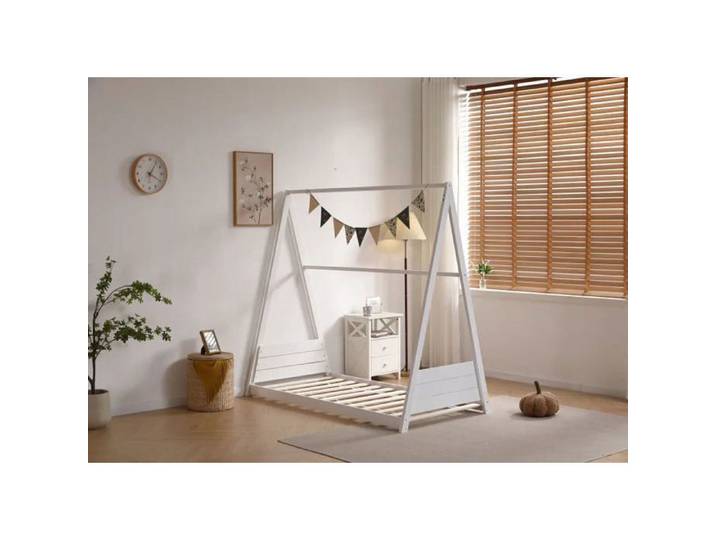 Lit cabane Montessori enfant 90x190 cm pin massif sommier inclus TIPI – Blanc