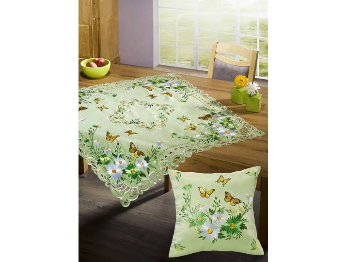 Tisch- und Raumdekoration mit Blumen und Schmetterlingen, Grün, Größe 190 (Tischdecke, 110x110 cm)