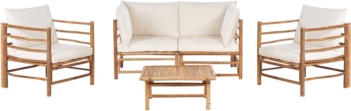 Cerreto 5-delige modulaire loungeset met 2 banken, 2 tuinstoelen en salontafel in bamboe en natuurlijk wit