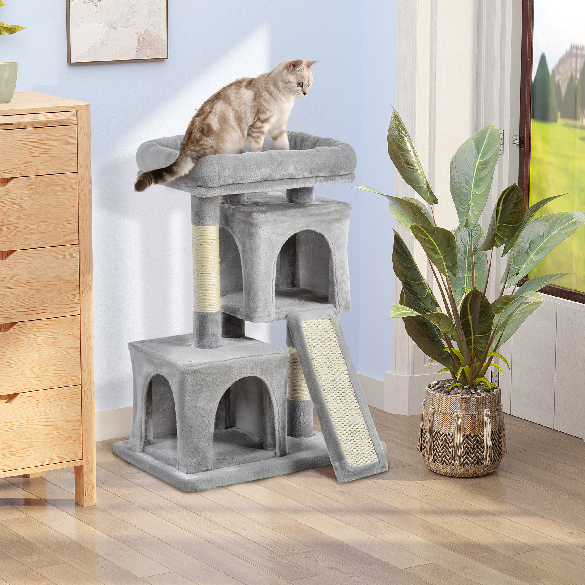 Altro Albero Tiragraffi Per Gatti Con Pali In Sisal, Lettino E 2 Casette, 59x39x83cm, Grigio