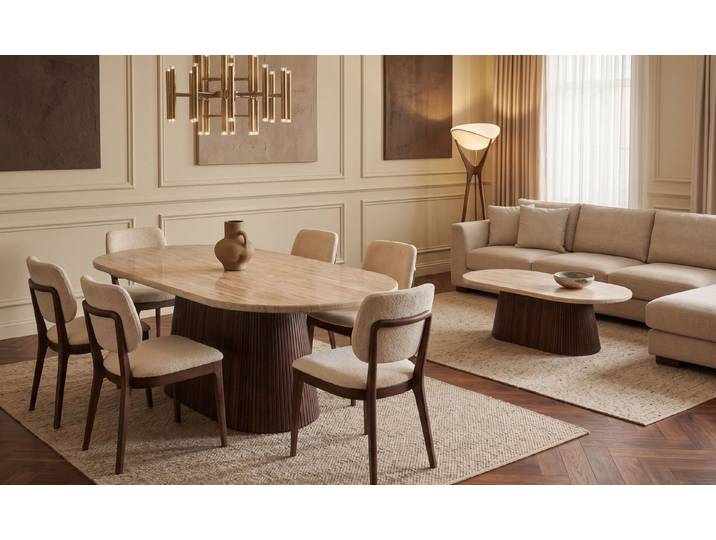 alesvelt Esstisch & Couchtisch Design Set im Säulenstil Travertin-Optik (2er-Set), 200x100x75cm, 130x70x45cm, edle Travertin-Optik, massive Tischplatte