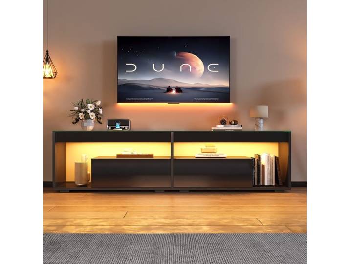 ROVRYN Meuble TV LED noir brillant 180 cm 2 tiroirs verre trempé pour TV jusqu'à 70 pouces