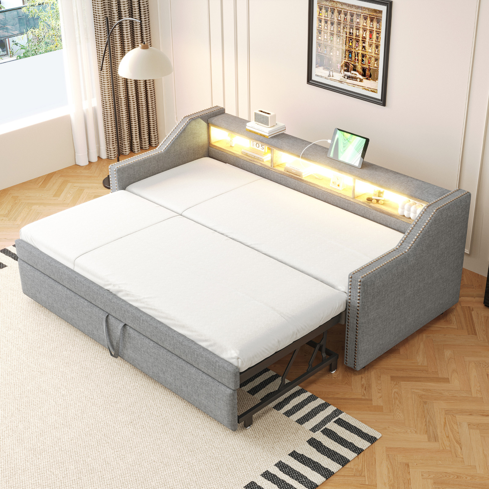 Flieks Multifunctionele Slaapbank met Onderbed, USB-poort en LED-verlichting, Lichtgrijs, B/D/H: 180 x 190 cm