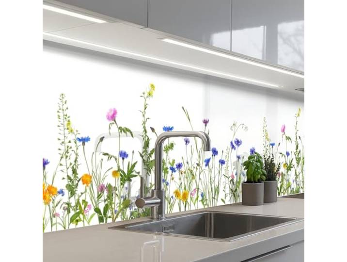 KitchenYeah© Spritzschutz Küchenrückwand Küche Abwaschbar Selbstklebend 80x400 cm - Küchenwand Küchenfront Küchen Rückenwand Wandschutz Blumen - Feldblumen - Frühling