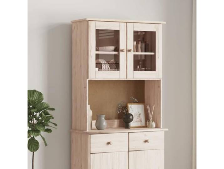 HEFZGDB Sideboard Aufsatz aus Massivholz Kiefer - Rustikaler Sideboard Aufsatz mit Holzknäufen für Kommode und Anrichte - Massiver Kiefernholz zur Aufbewahrung mit Glastüren
