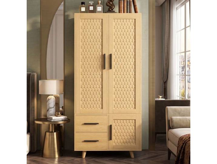 Armoire de Chambre 80x52x166cm en Chêne avec 2 Tiroirs Penderie de Rangement Style Bohème Chic avec Grand Rotin Tissé Naturele