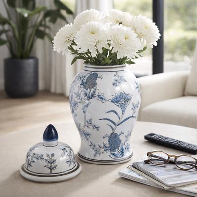 Sagebrook Home Decorative Ceramic Temple Jar with Floral Pattern for Home Decor